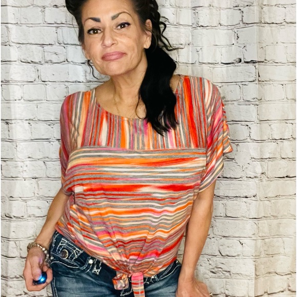 ELNC BELL SS TEE TIE FRONT VERTICAL/HORIZONTAL STRIPES RED, GREY, PINK, ORANGE - Picture 2 of 13